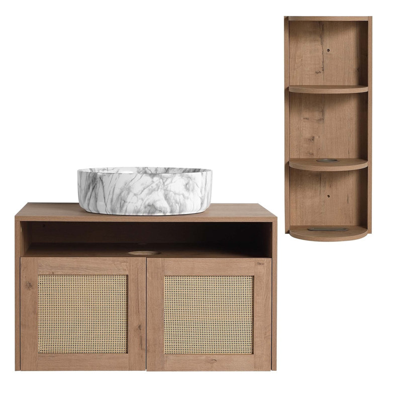 Meuble-lavabo flottant écologique avec portes à fermeture douce et rangement spacieux, idéal pour les salles de bain modernes et durables.