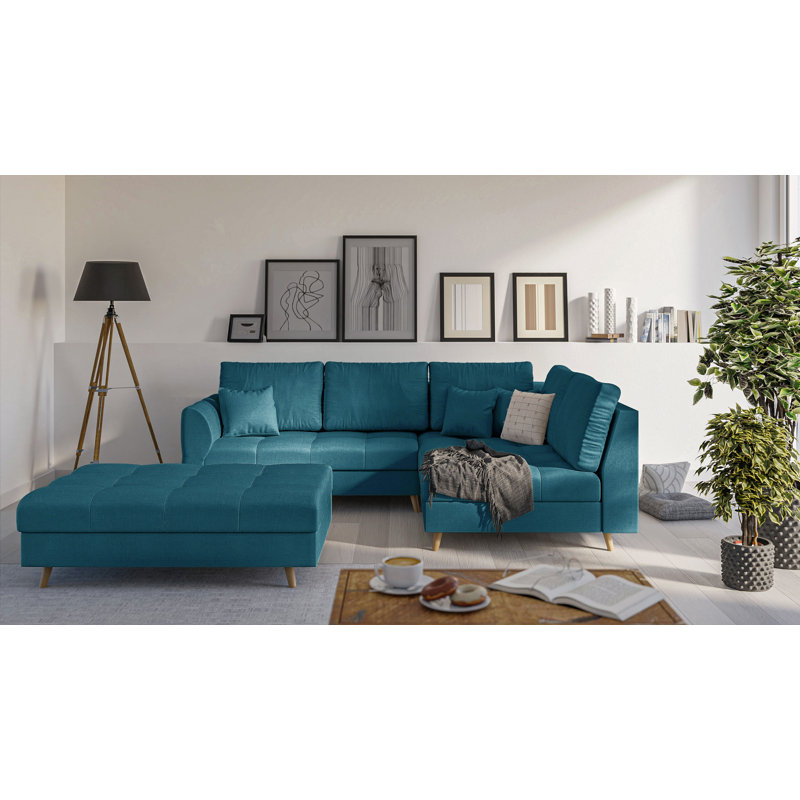 Corner Sofa And Footstool with Wooden Legs In Scandinavian Style Knutsford, Blue, Right Hand Facing