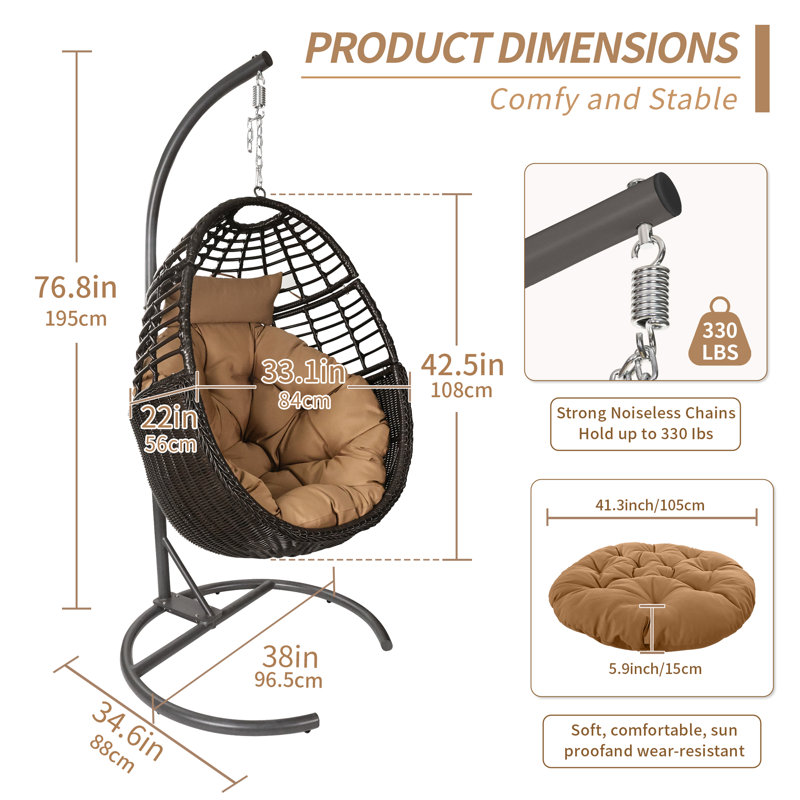 Balancelle suspendue avec support et coussin Arcella Capacité de 330 lb, Coussin brun / structure grise / hamac brun foncé