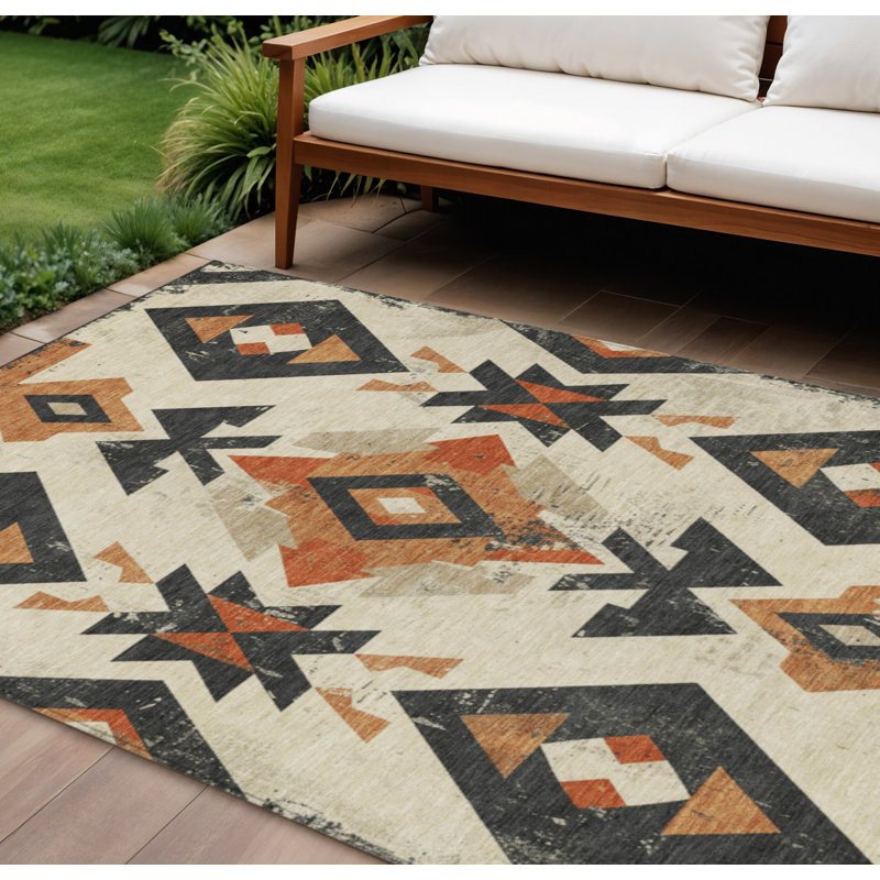 Tapis intérieur/extérieur lavable, 3 m x 4,2 m, ivoire, orange et anthracite, motif aztèque
