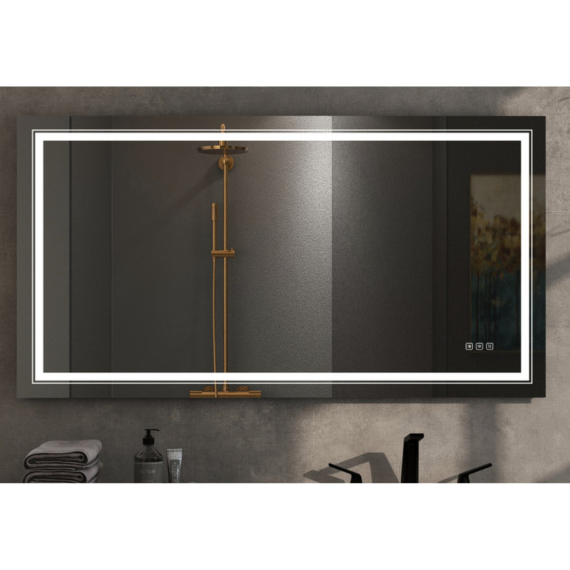 Miroir à brouillard de salle de bain 60 po x 28 po - Lentille trempée forte de 5 mm, réglage de la commande tactile, vue dégagée, look élégant, approche d'installation facile Fonction de brouillard de 6028 po