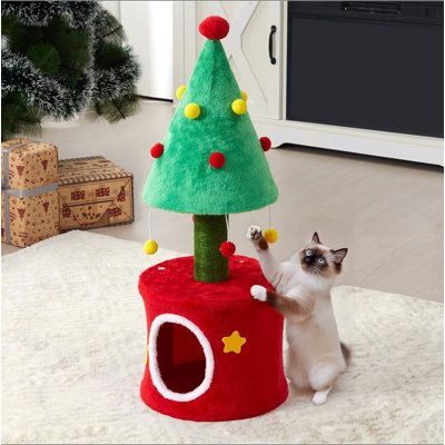Arbre à chat pour chat, arbre à chat petit avec poteaux à griffer en sisal et lit douillet pour chat, mobilier multifonctionnel pour chat et chat adulte, vert et rouge