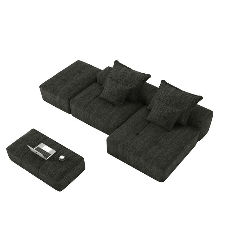 Modern Oversized Modular Sectional Sofa with Ottoman,Sparkling Chenille Fabric Soft Cushion Sofa, Black
