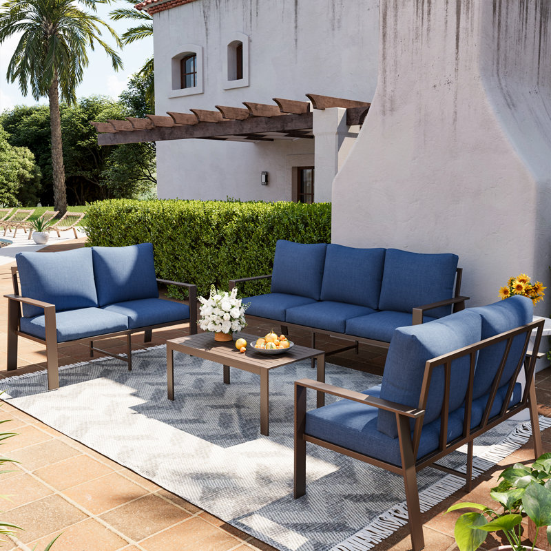 7 Person Sofa Seating Group With Coffee Table, Navy, No