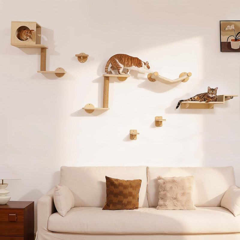 L'ensemble de tablettes murales pour chat en contreplaqué de bouleau peut supporter jusqu'à 40 lb, un plateau repas pour chat avec 304 bols en acier inoxydable et 2 marches en sisal pour chats d'intérieur