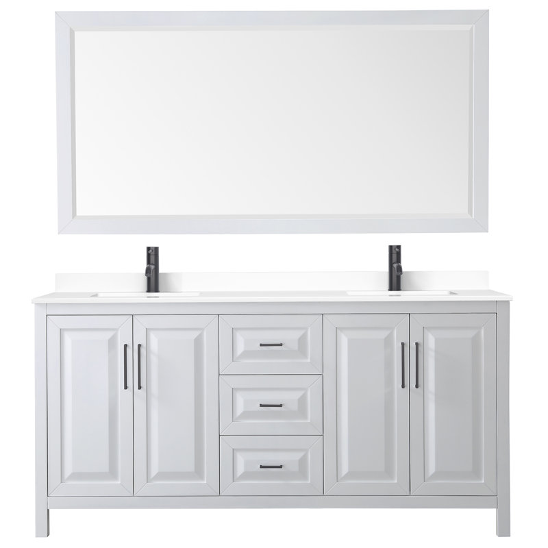 Daria 72'' Double Bathroom Vanity with Carrara Marble Top, White, Carrara Cultured Marble, Matte Black