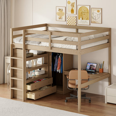 Wood Full Size Loft Bed With Built-In Wardrobe, Desk, Storage Shelves And Drawers, Walnut