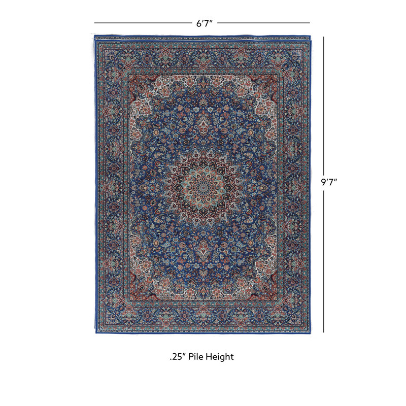 Breedlove Traditional Machine Woven Flatweave Blue and Ivory Area Rug with Non Skid Backing, Rectangle 6'7" x 9'7"