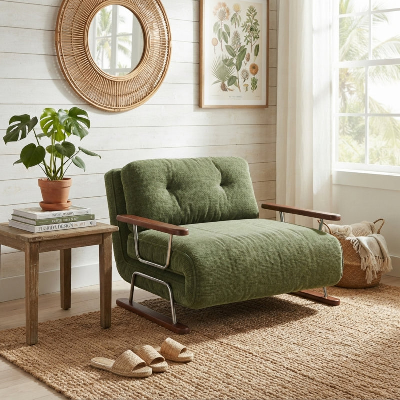 Fauteuil-lit convertible 4 en 1 en chenille verte, fauteuil-lit pliant et lit d'appoint pour petits espaces
