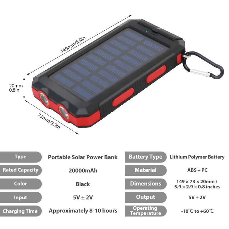  Chargeur solaire 20000 mAh pour téléphone portable, banque d'énergie solaire portative, double charge, rouge, Rouge