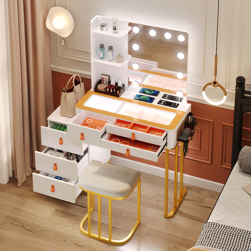 Dressing Table with Mirror, White/Gold