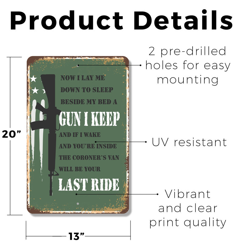 Enseigne en plastique «Beside My Bed a Gun I Keep» 13 po x 20 po