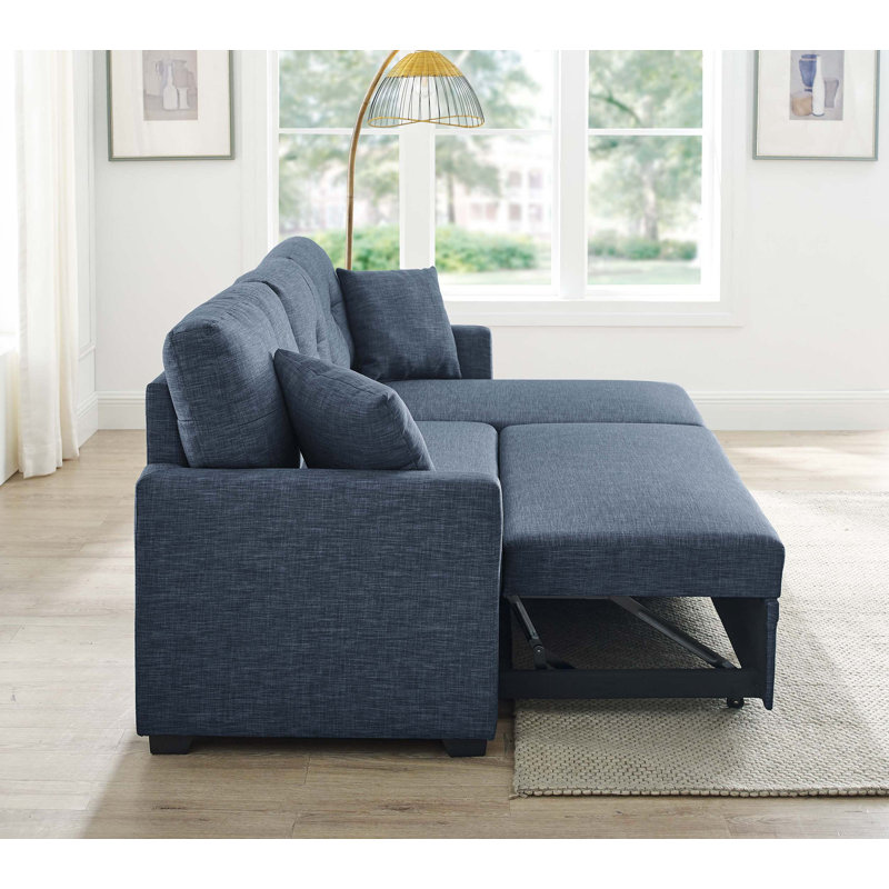 76.5" Linen Blend Upholstered Sectional with Pull-Out Bed and Chaise Storage, Dark Blue