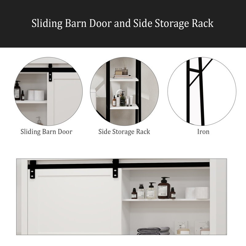 Armoire de rangement au-dessus de la toilette, tablettes de salle de bain au-dessus de la toilette avec porte de grange coulissante, tablettes réglables et support de rangement latéral