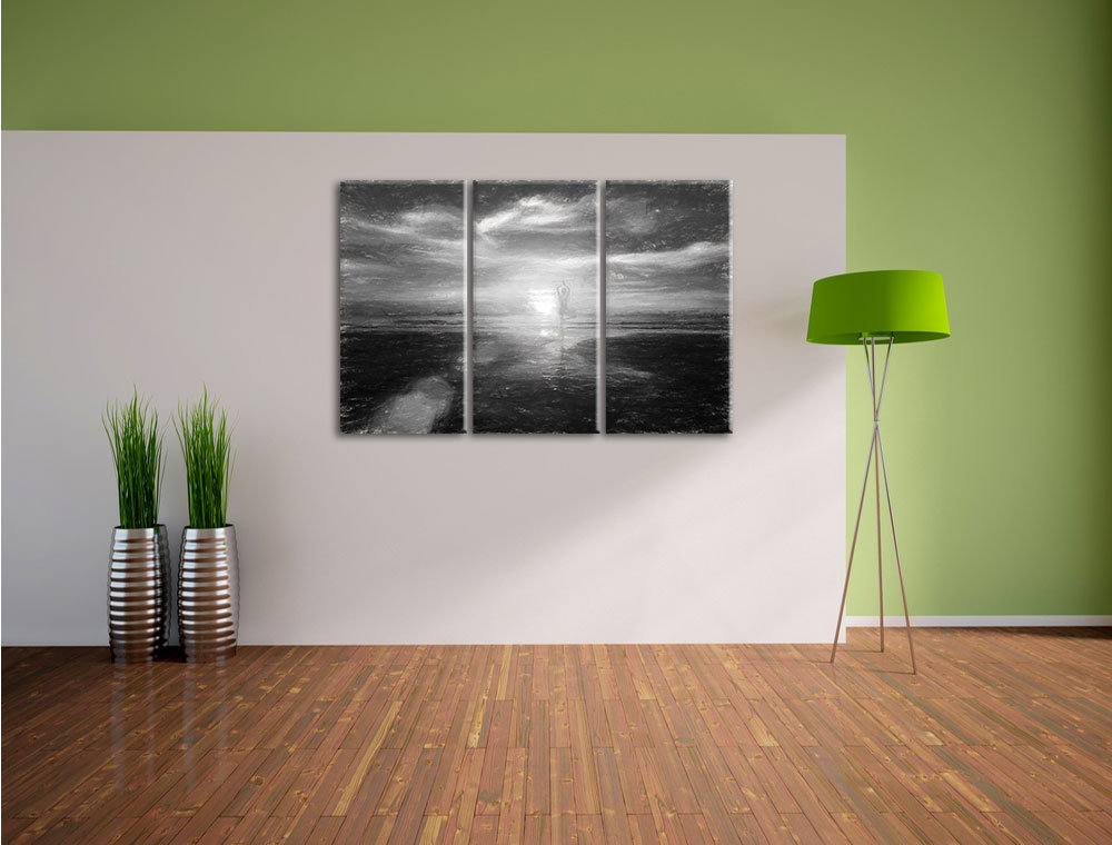 3-tlg. Leinwandbild-Set „Yoga-Silhouette bei Sonnenuntergang am Strand“, Kunstdruck