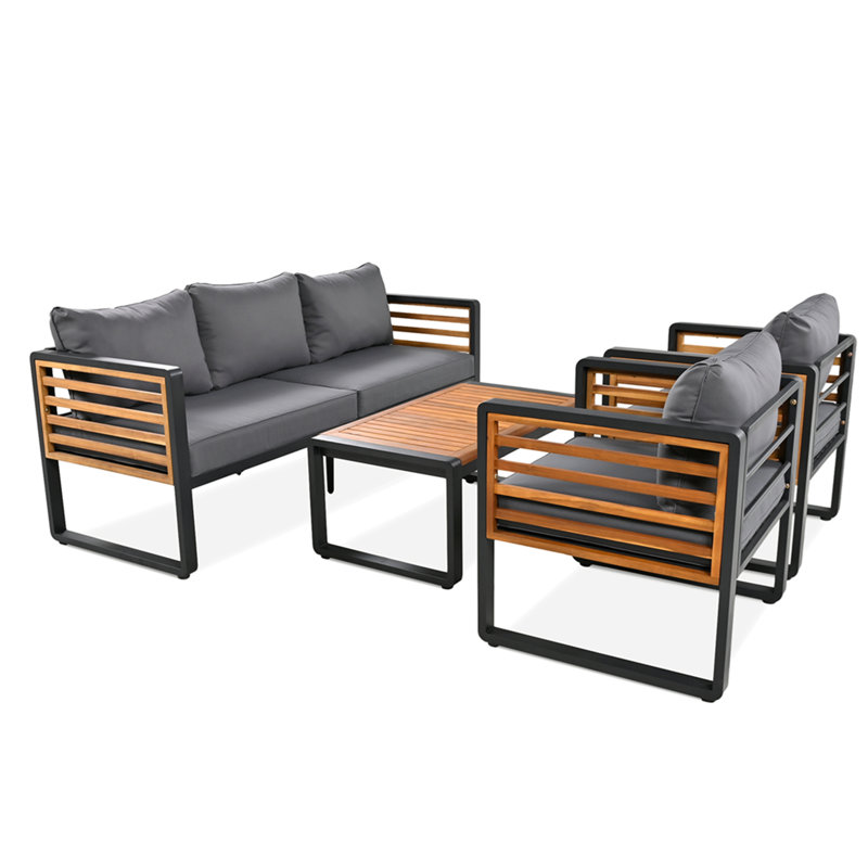 Large Size 4-Pieces Outdoor Furniture Sofa For 5 Person Conversation Set, Garden Sofa Set With Removable Cushion, Metal And Wood Frame Sofa Set, Acacia Wood Tabletop, Gray