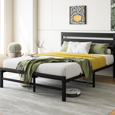 Metal Bed Frame Queen - Under Storage, Wooden Headboard, Black Stable Platform Size And Headboard. Non-slip, Noise Reduced, Easy Assembly. With 9 Legs by Ebern Designs