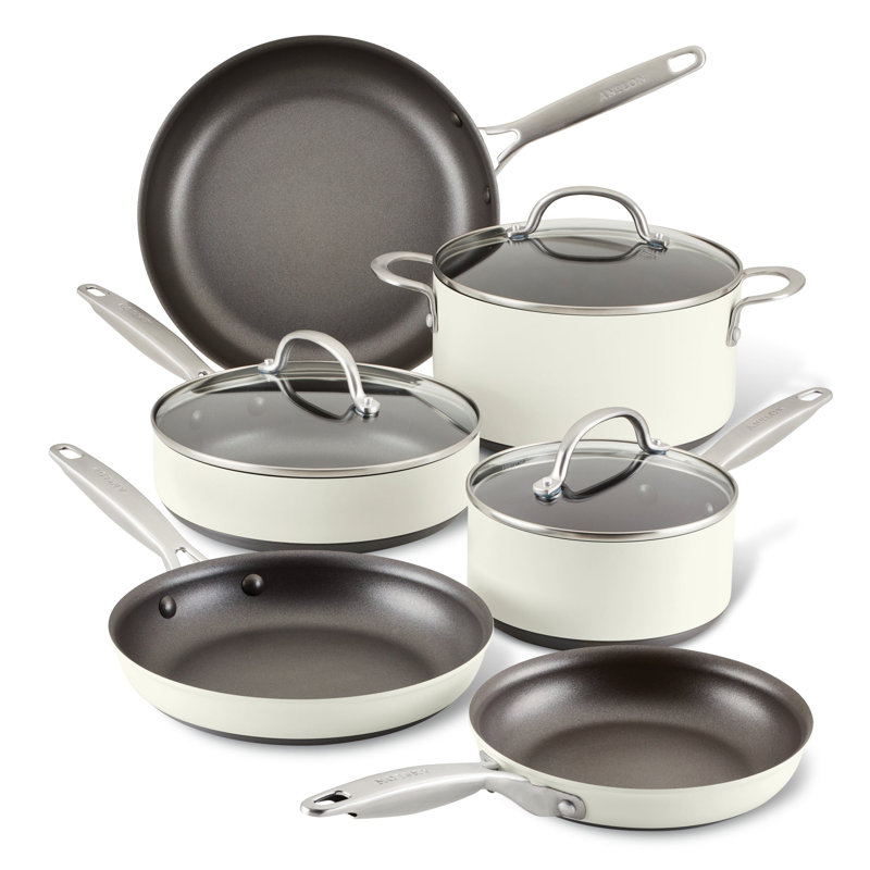 Anolon Achieve 9-Piece Hard Anodized Nonstick Cookware Pots and Pans Set, Cream, Cream