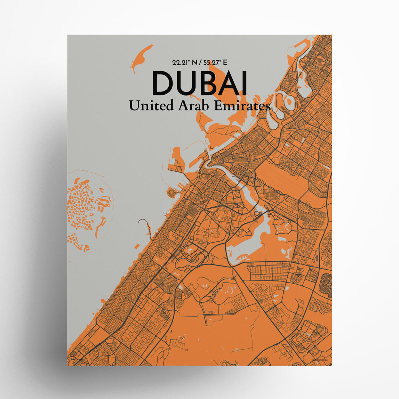 Dubai City Map In Orange - No Frame Print, 20cm H x 16cm W x 0.05cm D