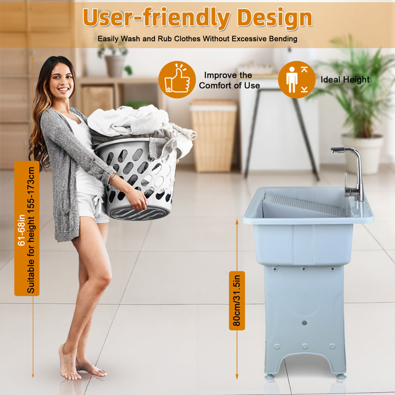 Évier utilitaire pour salle de lavage, évier autoportant en plastique avec robinet en acier inoxydable