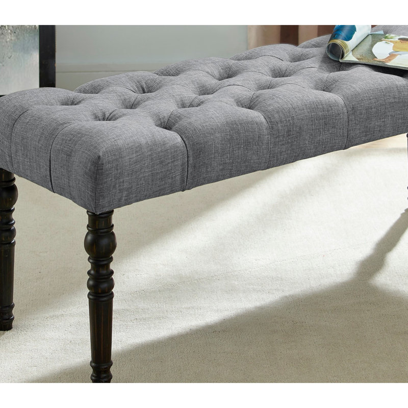 Turned Leg Dining Bench, Gray - Solid Wood Frame & Upholstery, 48"W X 16"D 19.5"H, Assembly Required With Legs Button