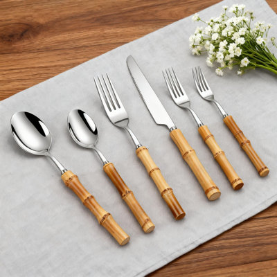 Bamboo Handle Flatware Set 60-Piece 18/8 Stainless Steel Silverware Kit With Natural Utensils For Home Restaurant Wedding Party Dining