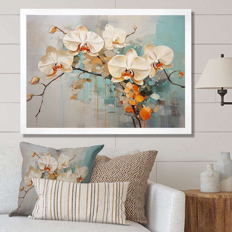 Orchidées beiges tranquillité sur toile, H 24 po x l 32 po x P 1 po, Cadre simple blanc
