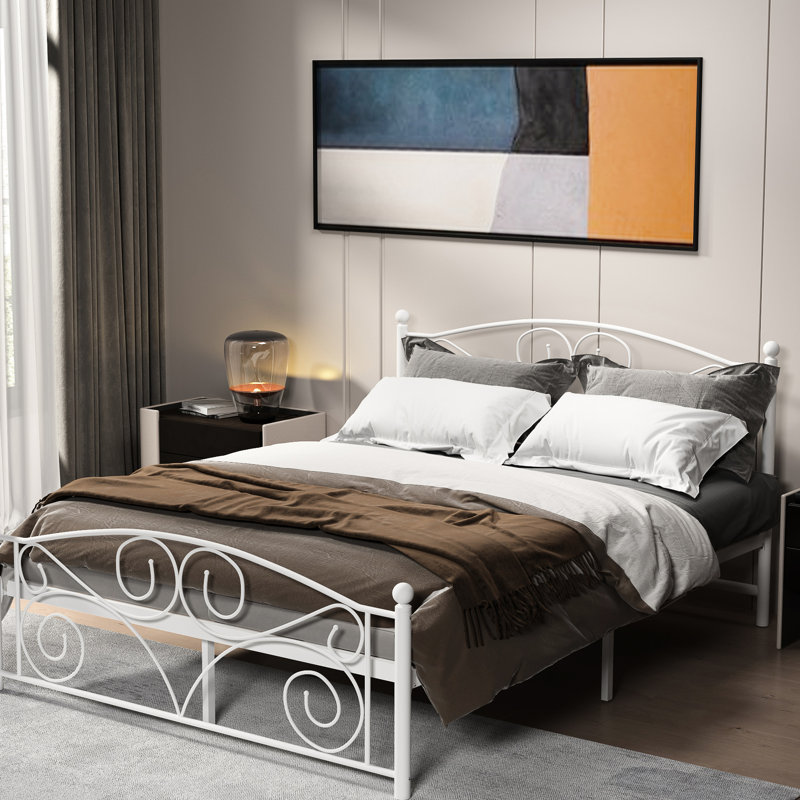 Lit en métal blanc avec esthétique contemporaine, construction robuste pour la durabilité, calme et stable, assemblage facile, aucun sommier requis, peut accueillir un matelas de 8 pouces ou plus, poids de 600 lb