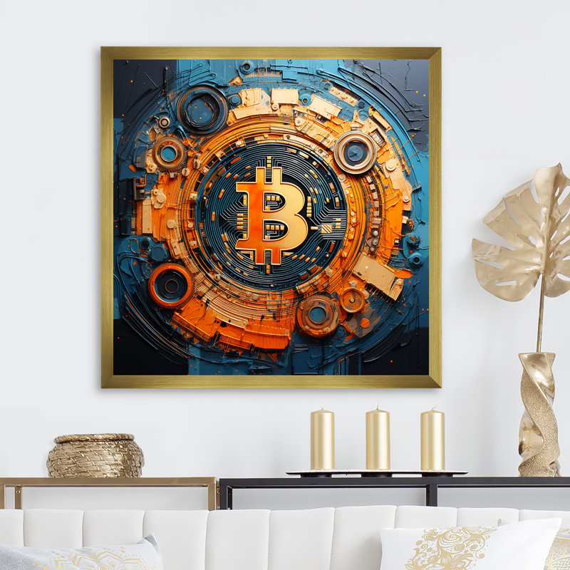 «Orange Vibrant Bitcoin Crypto», art mural abstrait, Cadre doré simple, H 30 po x l 30 po x P 1,5 po