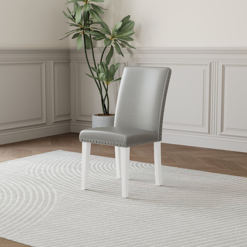 Regal Estate Upholstered Dining Chairs (Set Of 2) - Nailhead Trim, High-Back, Solid Wood Legs, White, Silver