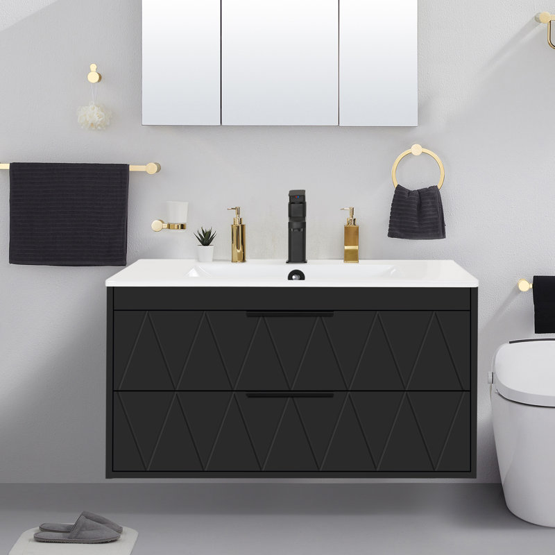 Ensemble de meuble-lavabo mural flottant de 36 po avec plateau d'évier Ciarra Makowski, robinet en alliage de zinc, tiroirs à fermeture en douceur