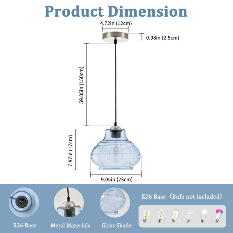 Berngar 1-light Pendant Light With Seed Glass, Blue