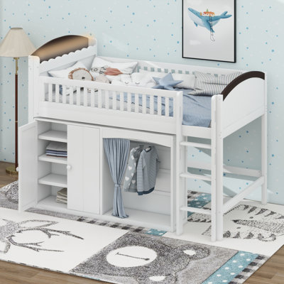 Twin Size Loft Bed With Storage Cabinet & Wardrobe, Solid Wood Loft Bed Frame With LED Headboard & Ladder