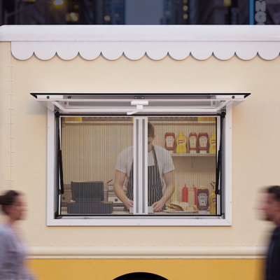 Concession Window 36x24 in Aluminum Alloy & Acrylic Service Window, for Food Truck, Up to 85 Degrees Stand Serving with 2 Sliding Screen Windows, Awning Door and Drag Hook, Rainwater Resistant