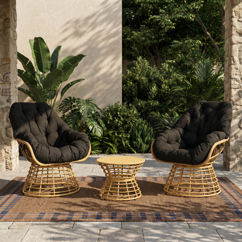 Ensemble de chaises longues pivotantes en osier pour 2 personnes avec table d'appoint ronde, Noir