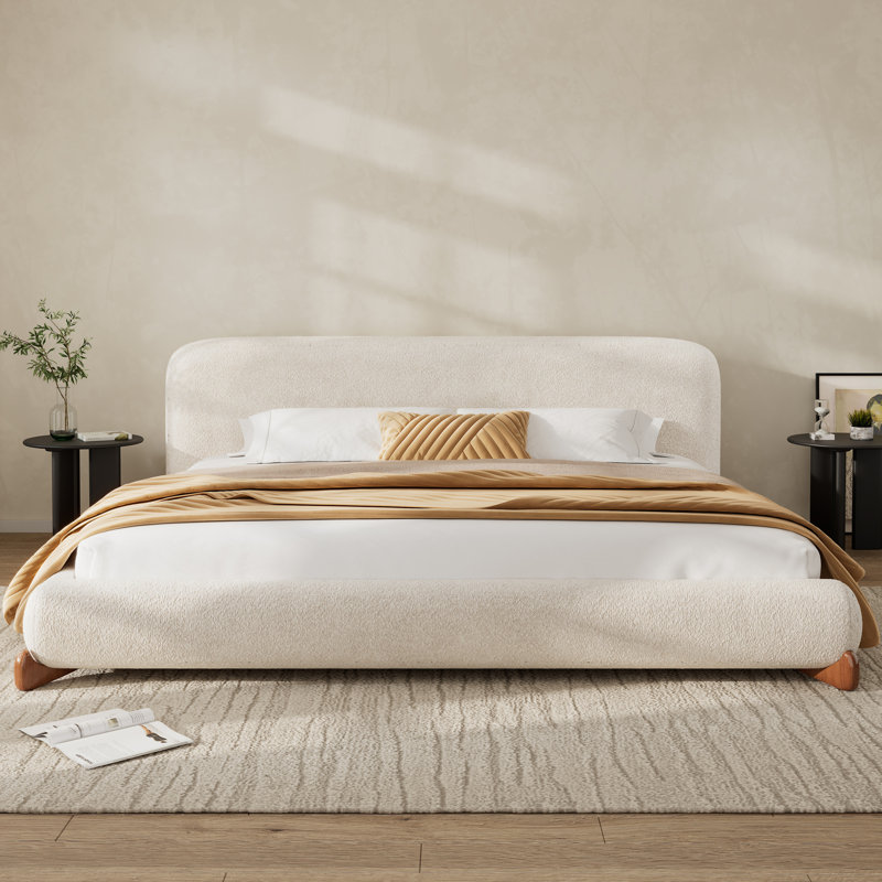 King Size Boucle Upholstered Platform Bed with Thick Headboard, Solid Wood Legs, White, King 