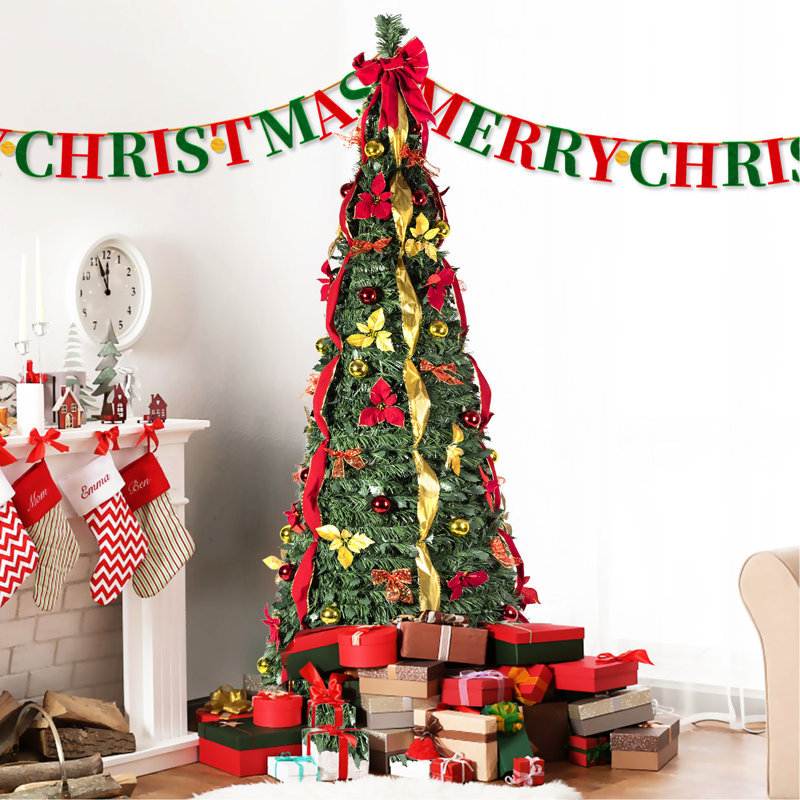 Arbre de Noël de 6 pi avec fonction escamotable, 150 lumières et éléments blanc chaud, convient aux petits espaces de bureau