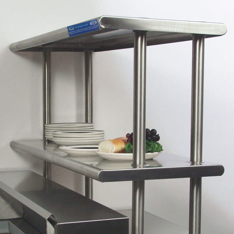 Open Base Stainless Steel Table with Double Tier Overshelf, 67" H x 24" W x 18" D