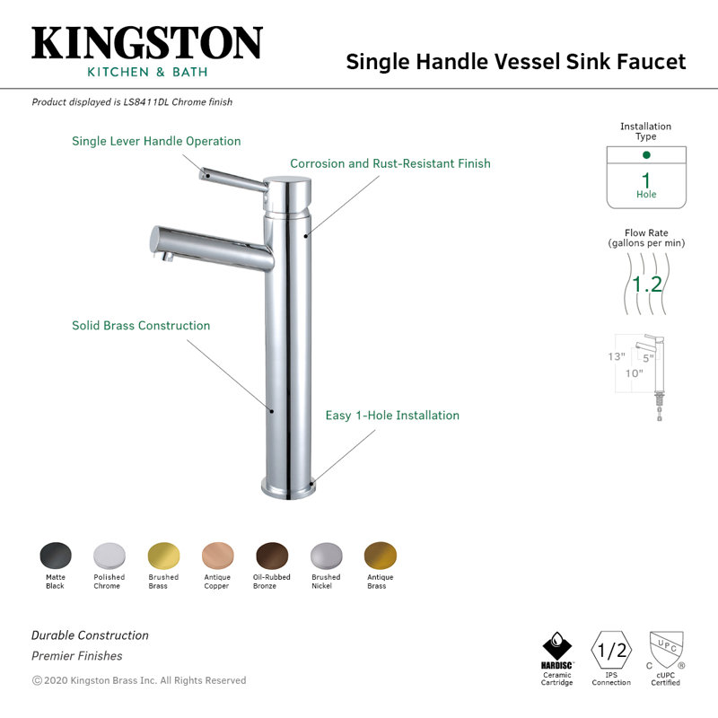 Kingston Brass Concord Single-Handle 1-Hole Deck Mount Vessel Faucet, Polished Chrome