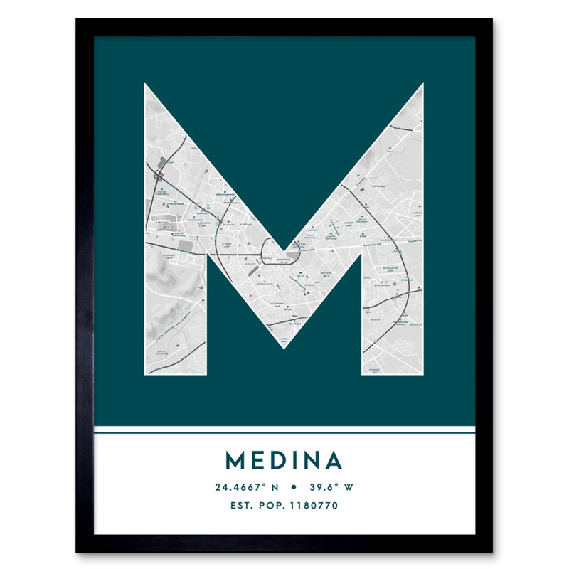 Medina City Map Medina Teal by Wee Blue Coo - Single Picture Frame Typography