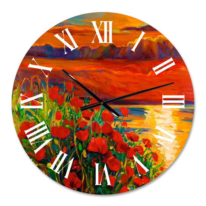 Coquelicots rouges près de l'océan au coucher du soleil - Horloge murale nautique et côtière, Petit