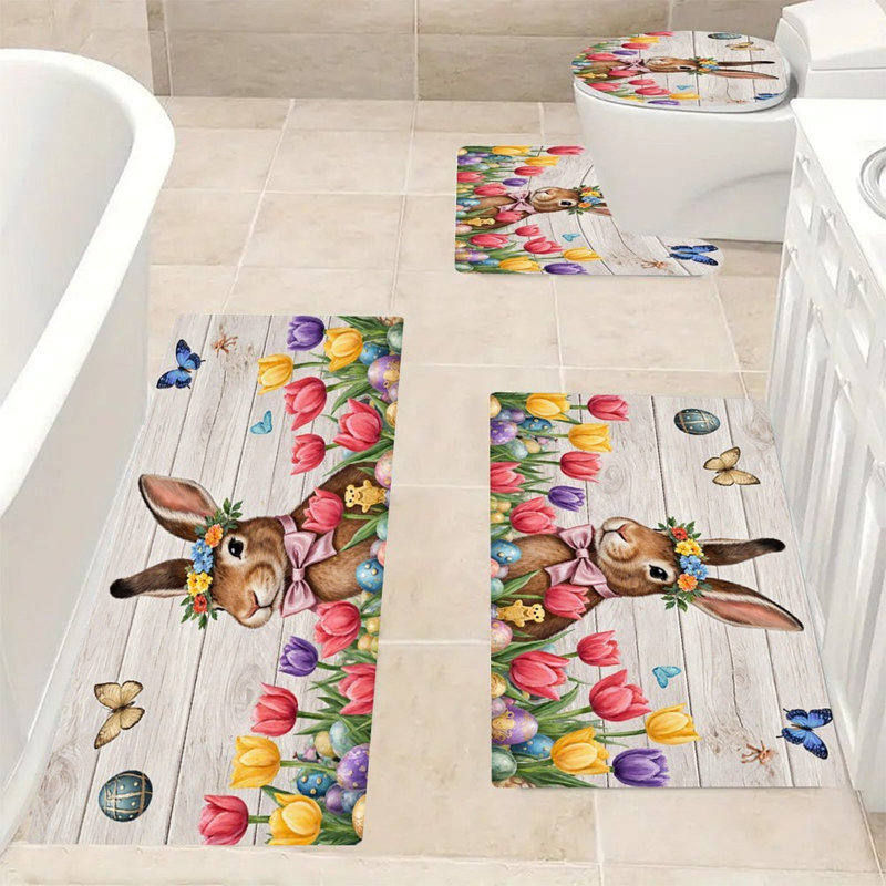 Ensemble de tapis pour salle de bain à motif de lapins avec couronne de fleurs, 4 pièces