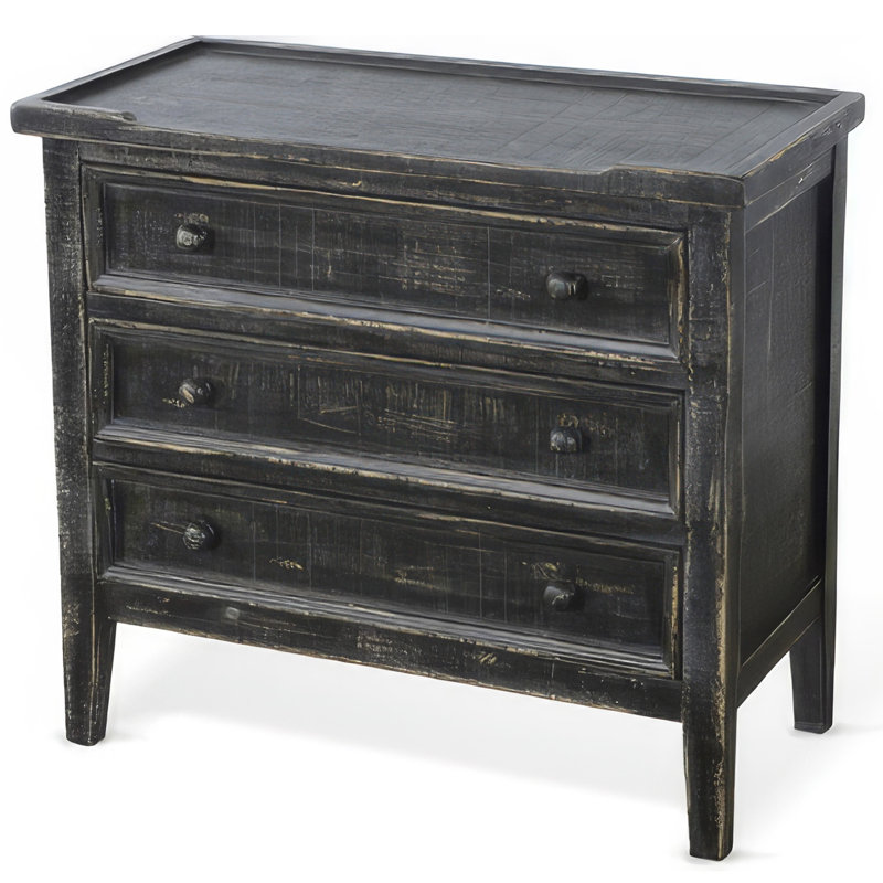 Rena Side End Table | 3 Drawers with Round Knobs | 28" Distressed Pebble Brown Mahogany Wood, Black