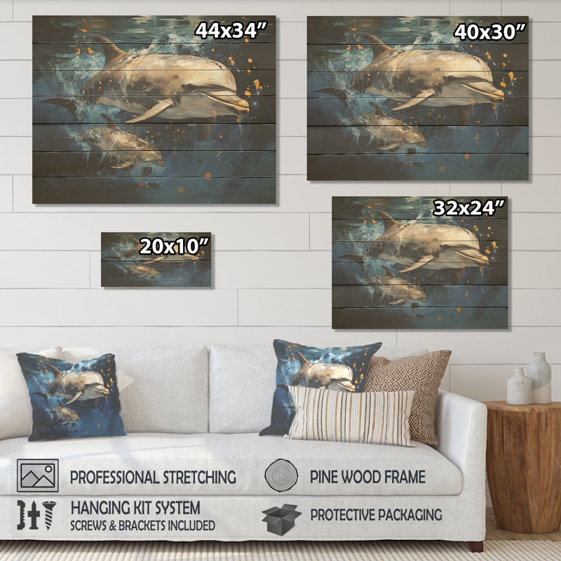 Dancing Dolphines - Animals Dolphin On Wood Print, 10" H x 20" W