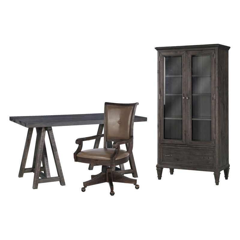 Desk With Chair And Door Bookcase, Weathered Charcoal, 3 Pieces: Desk, Chair, Bookcase