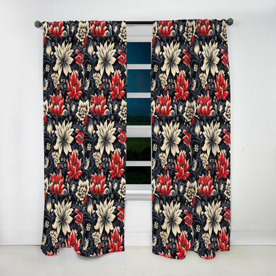 Red And Beige Ethnographic Damask Floral Motif - Damask Curtain - Velvet Room Darkening - 1 Panel