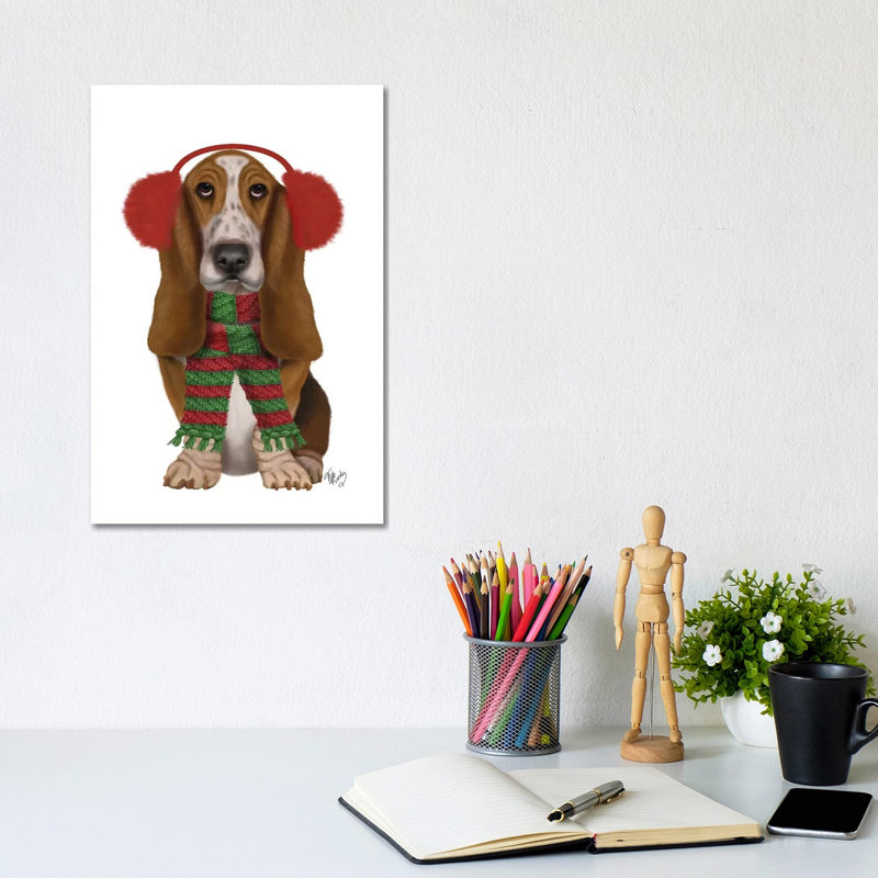 Christmas Des - Basset Hound And Ear Muffs by Fab Funky - Wrapped Canvas Gallery-Wrapped Canvas Giclée