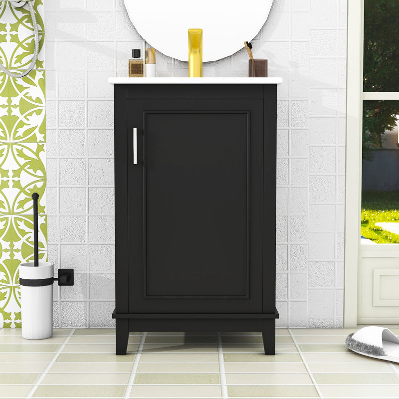 Meuble-lavabo simple autoportant en bois Marsallo avec lavabo en céramique et porte à fermeture en douceur