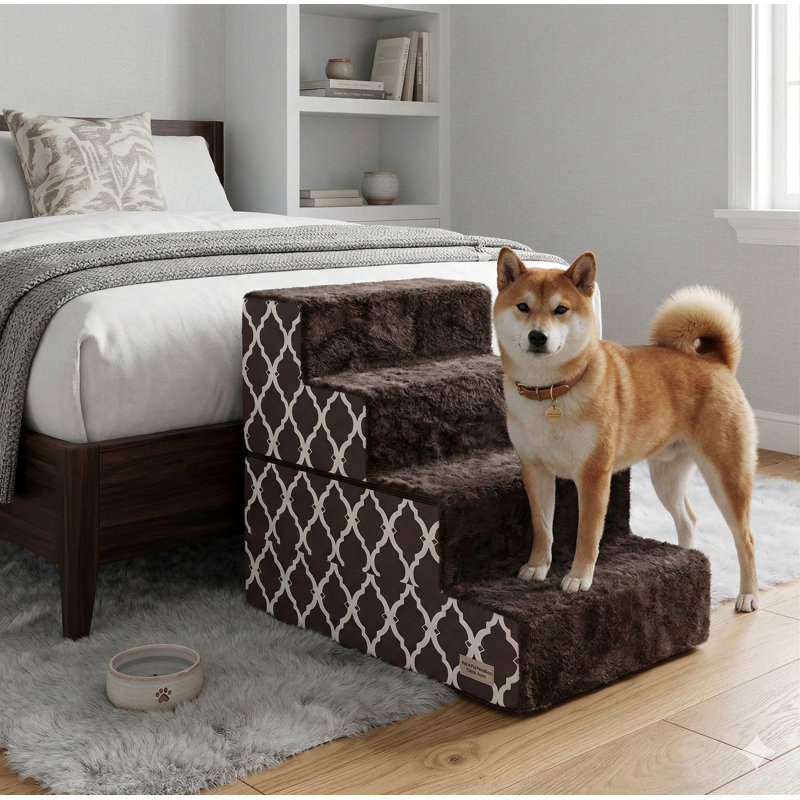 Quatre marches / escaliers pliables pour animaux de compagnie avec noyau en mousse certifié CertiPUR-US, finition en treillis brun, hauteur de 22 pouces