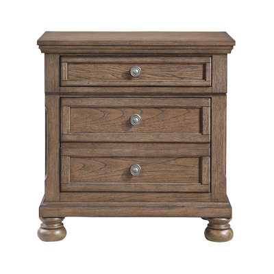 Bely Nightstand, 3 Drawers, Bun Feet, Antique Brown Sculpted Frame
